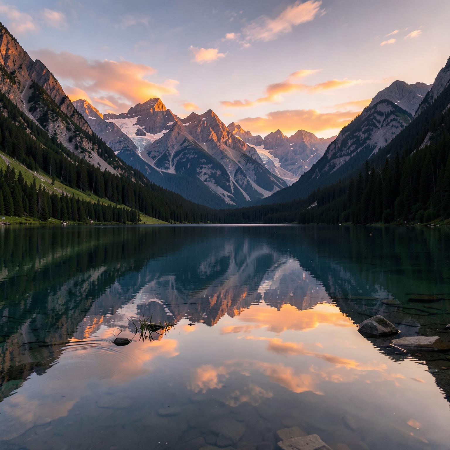 realistic mountain lake reflection during sunrise, ultra detailed nature
