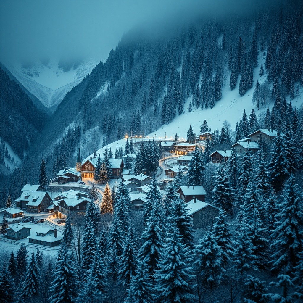 snowy mountain village at christmas, cinematic aerial view