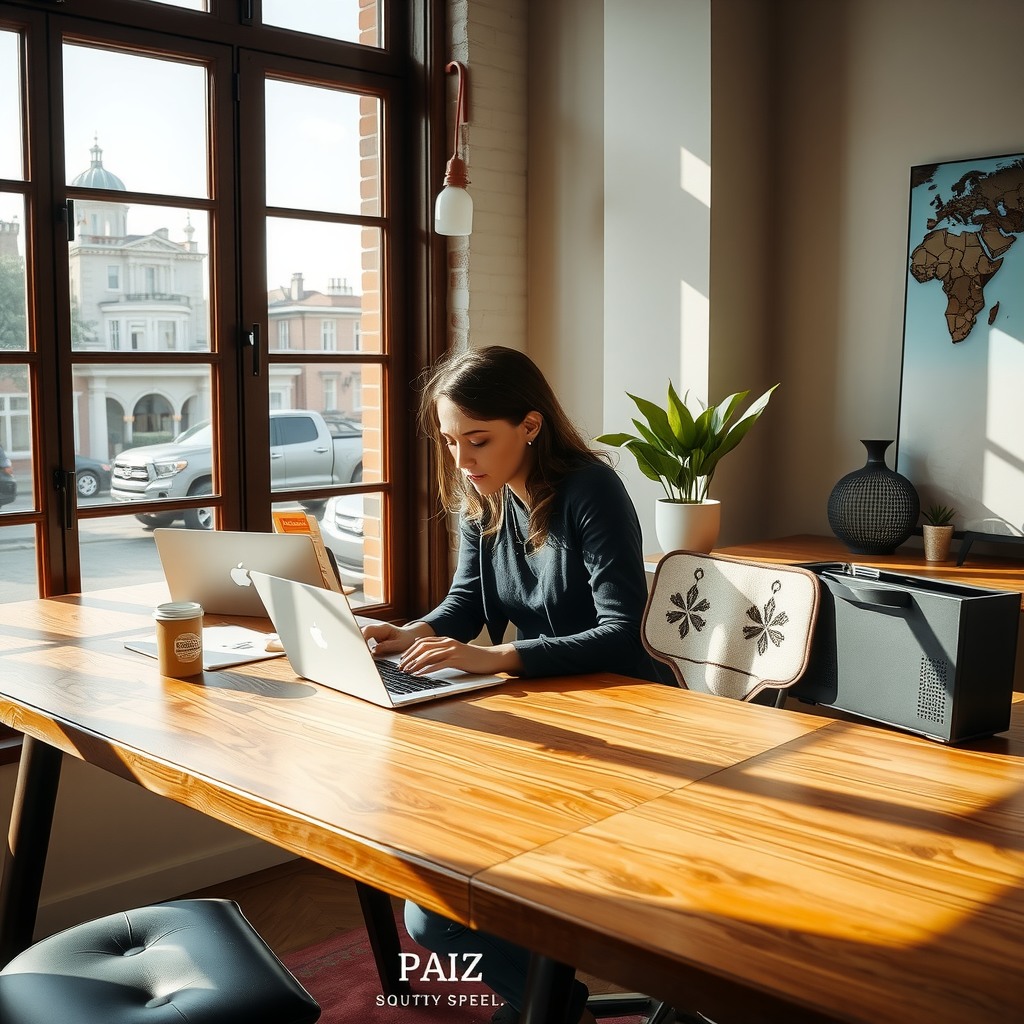 Photo-realistic editorial photography, realistic scene representing a woman working on laptop at wooden desk near window, natural daylight