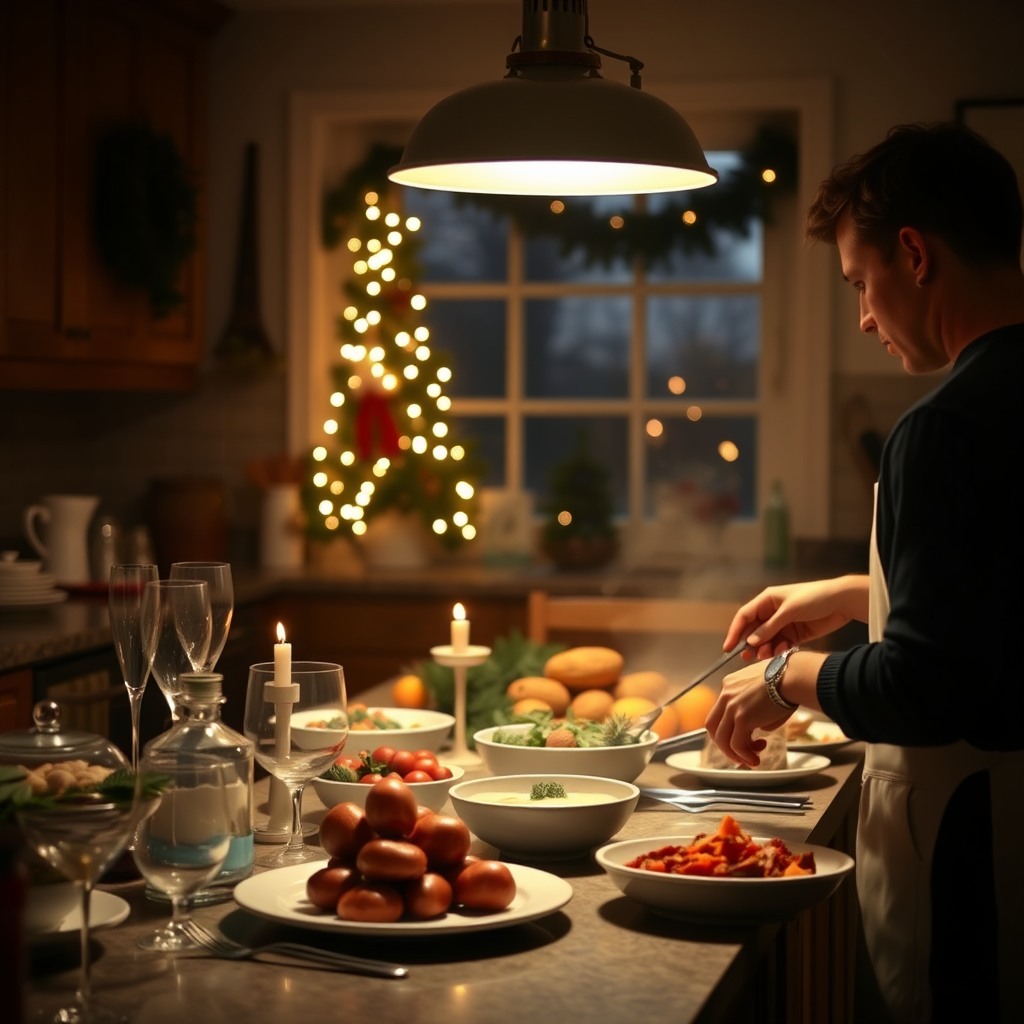 christmas dinner preparation, cozy kitchen, warm lighting