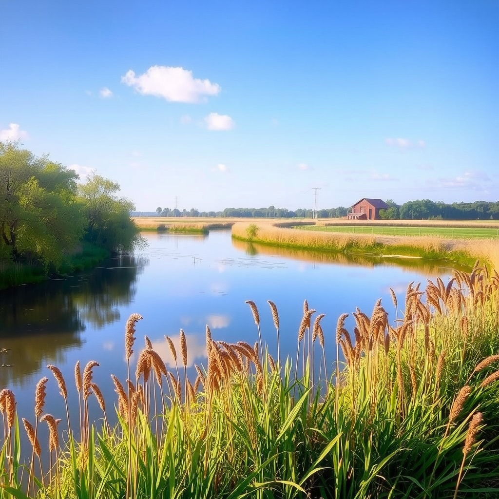 Realistic scene of a peaceful countryside river bend, tall reeds, soft afternoon light
