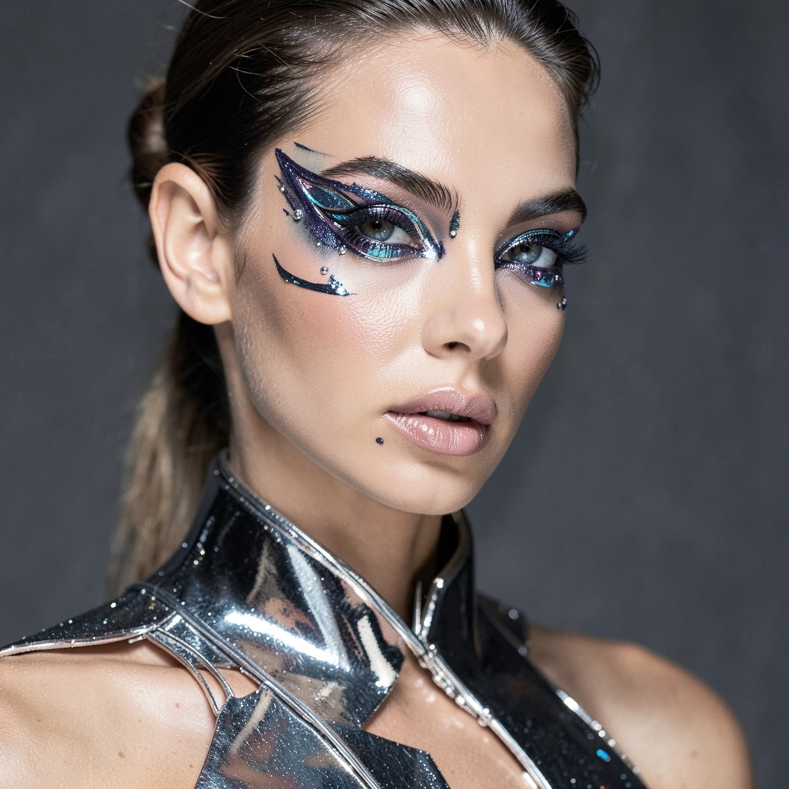 Close-up of woman wearing futuristic metallic makeup, high-fashion editorial style