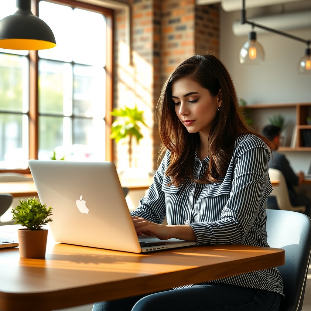 Photo-realistic editorial photography, realistic scene representing a woman working on laptop in coworking space, natural light