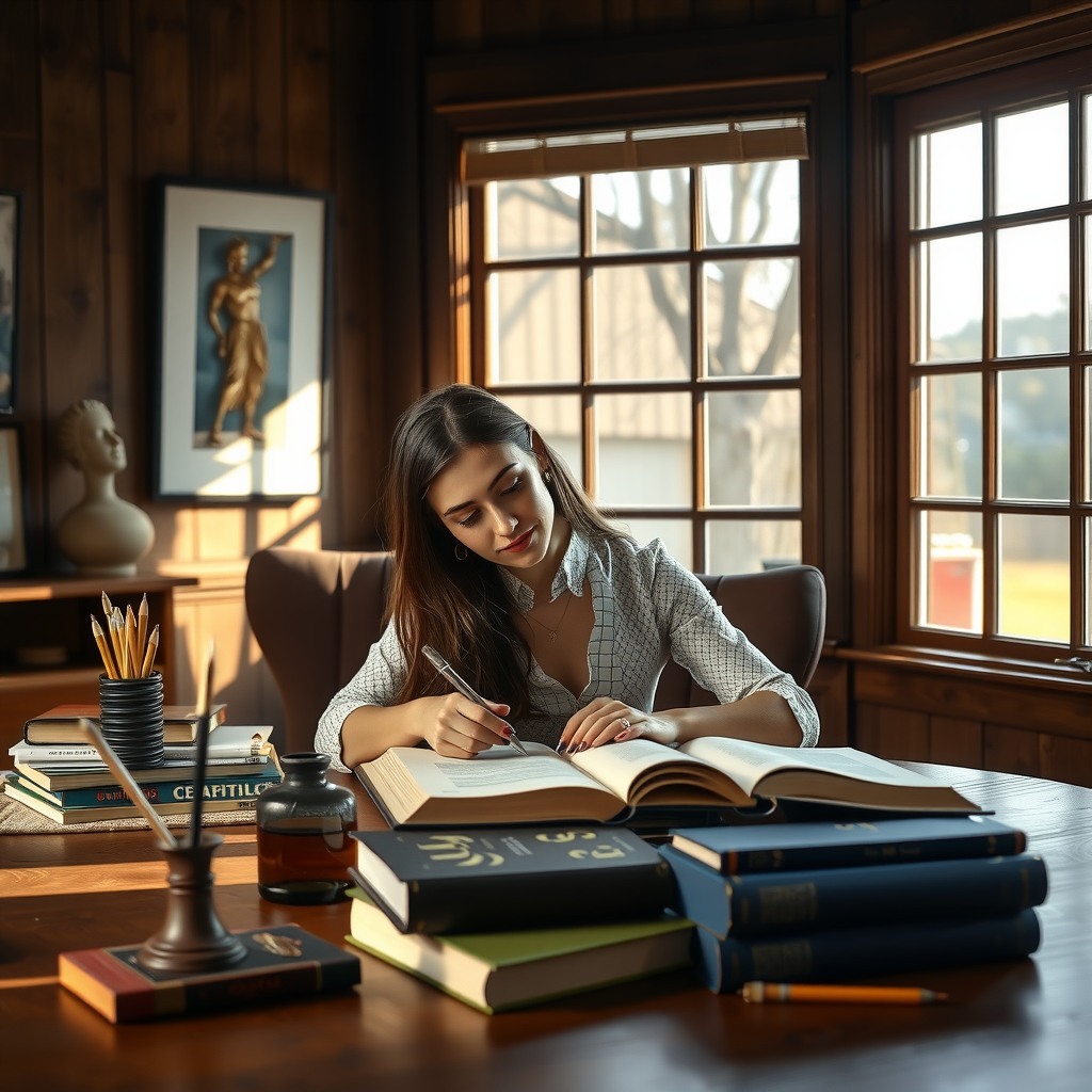 Photo-realistic editorial photography, realistic scene representing a woman journaling at wooden desk