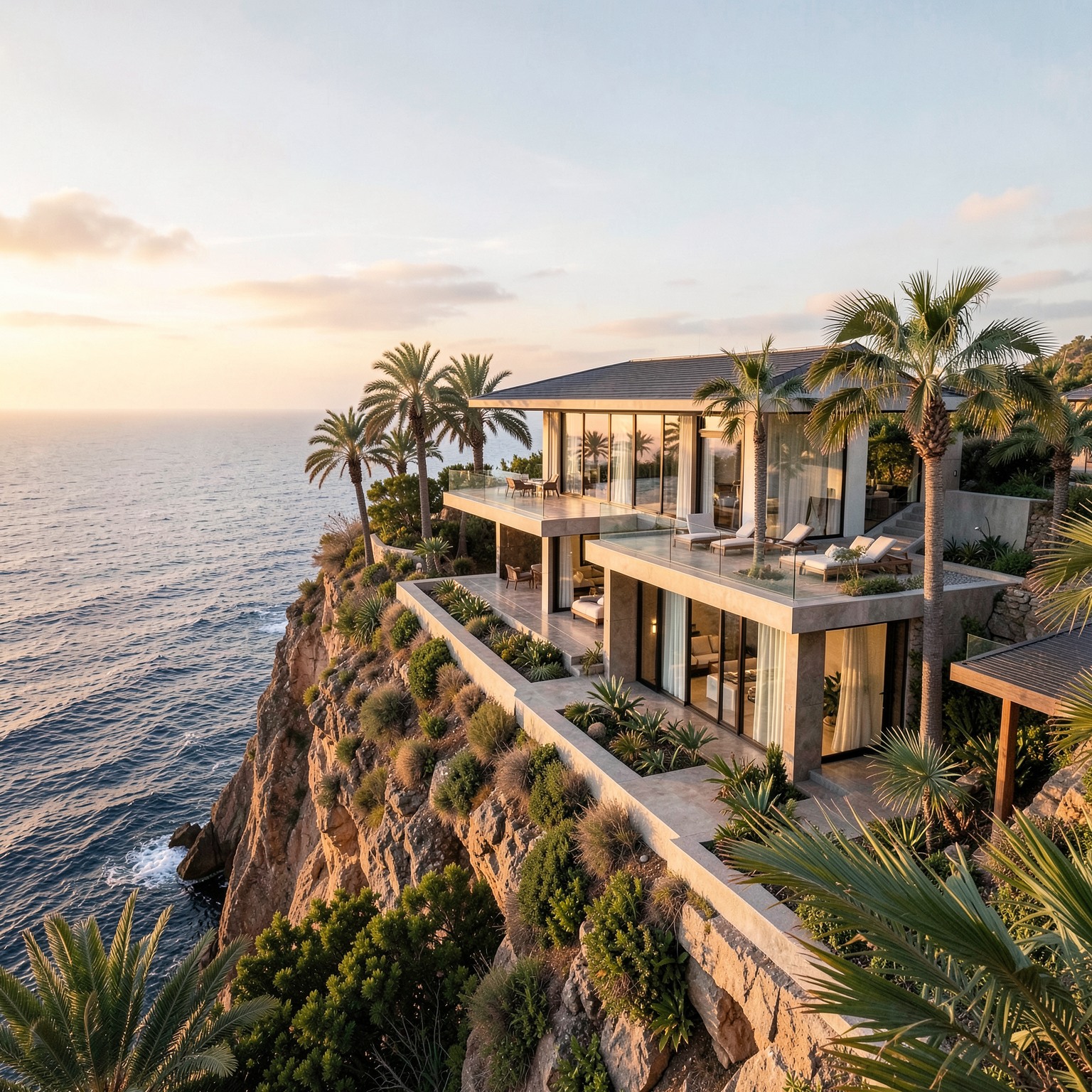 luxury modern villa on a cliff above the ocean during sunset, realistic architecture, palm trees, soft golden light