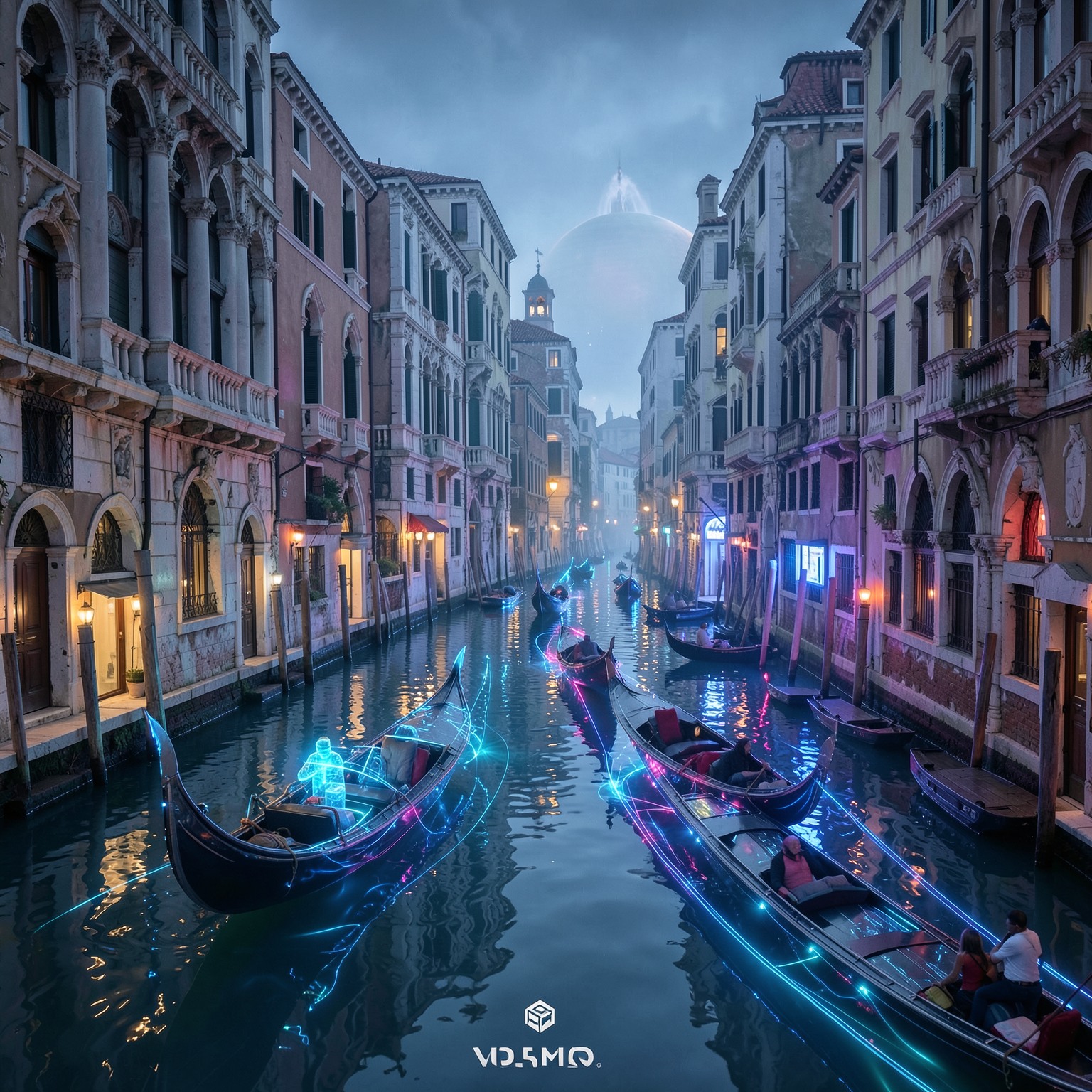 Futuristic Venice canals with holographic gondolas and neon reflections