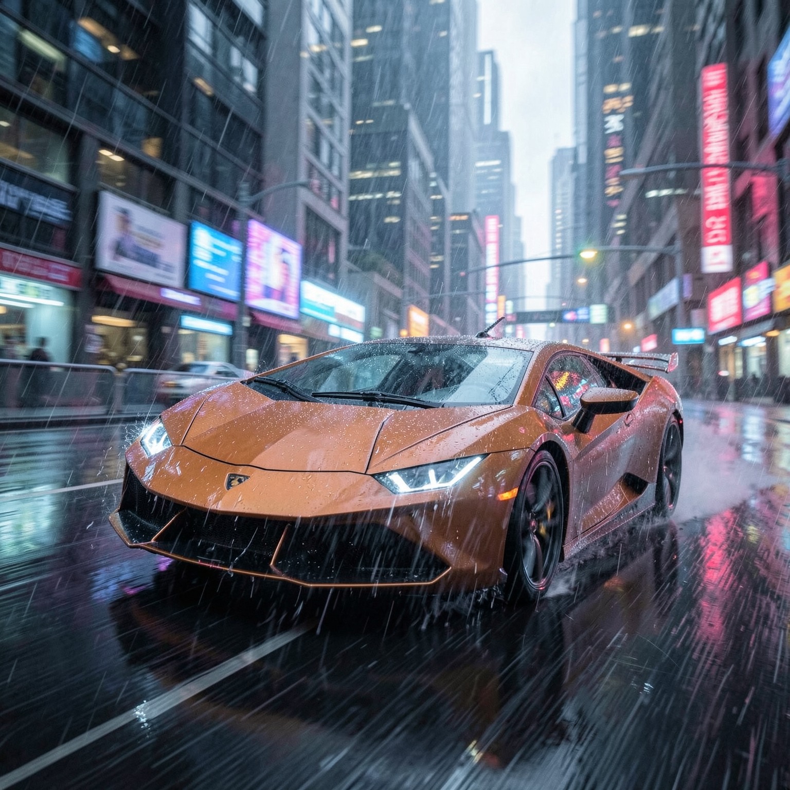 futuristic Lamborghini driving through cyberpunk city, motion blur, rain