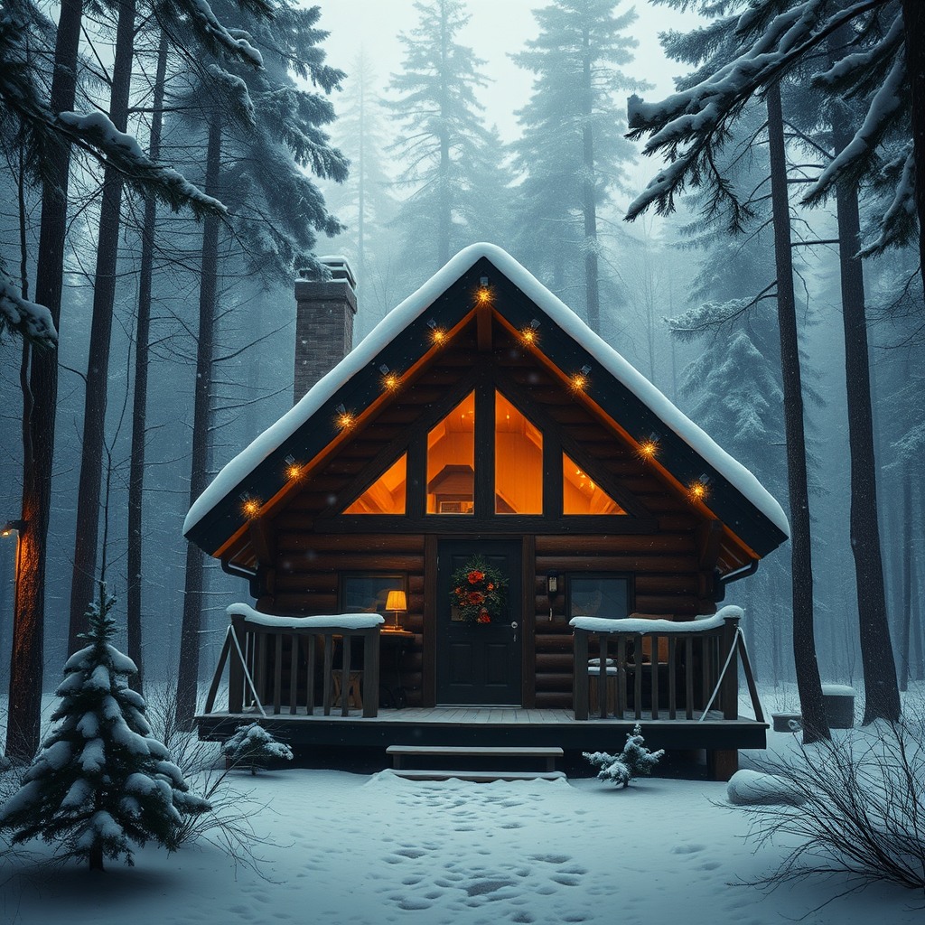 cozy winter cabin in the forest, warm lights inside, snow falling, cinematic realism