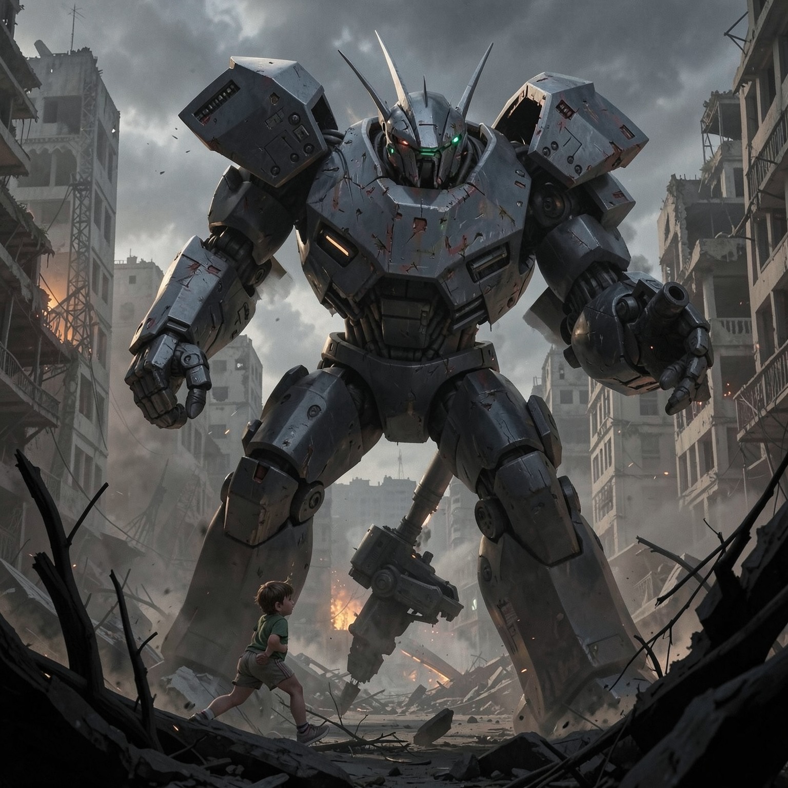 giant robot protecting a small child in ruined city, emotional cinematic scene