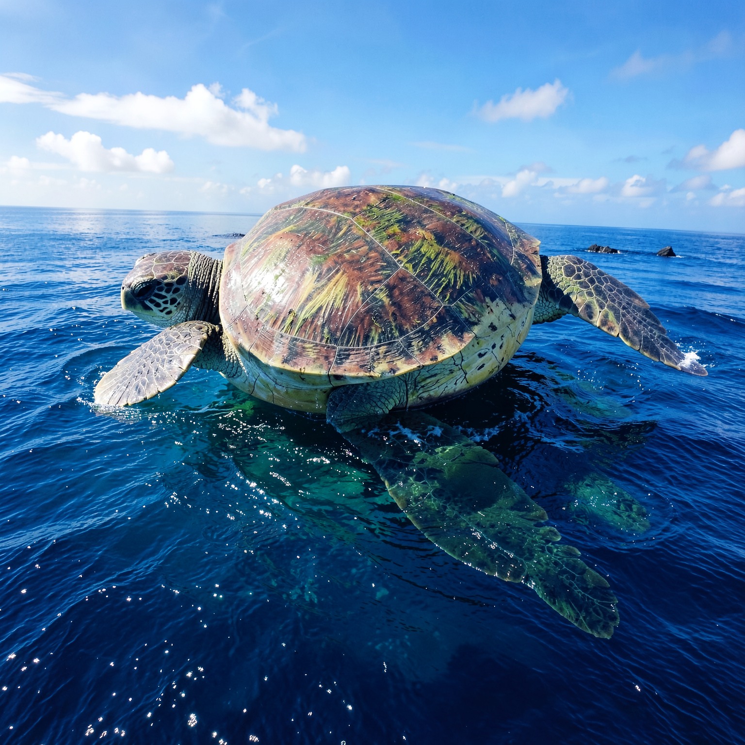 Giant turtle island floating in the ocean sky