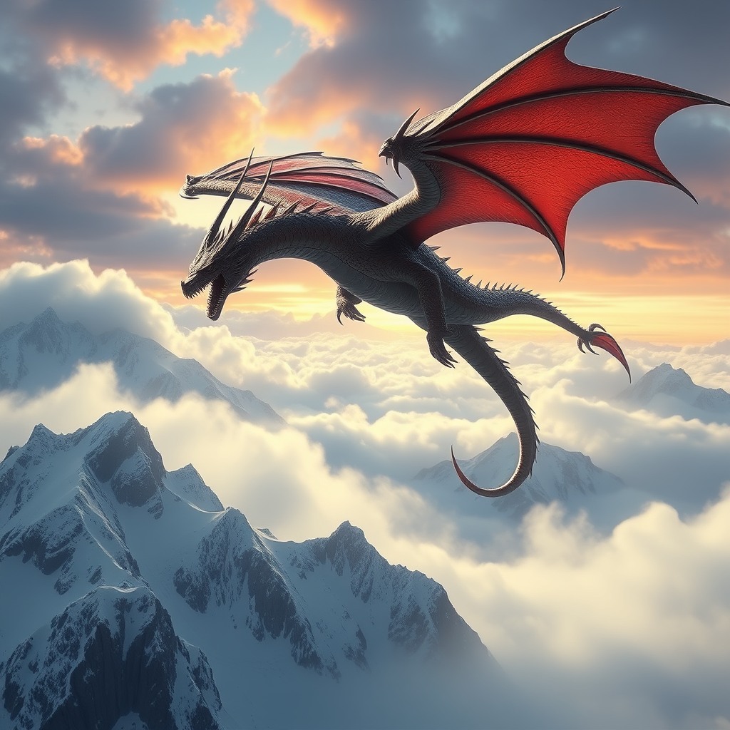 majestic fantasy dragon flying above snowy mountains, epic scale, volumetric clouds, ultra sharp, concept art