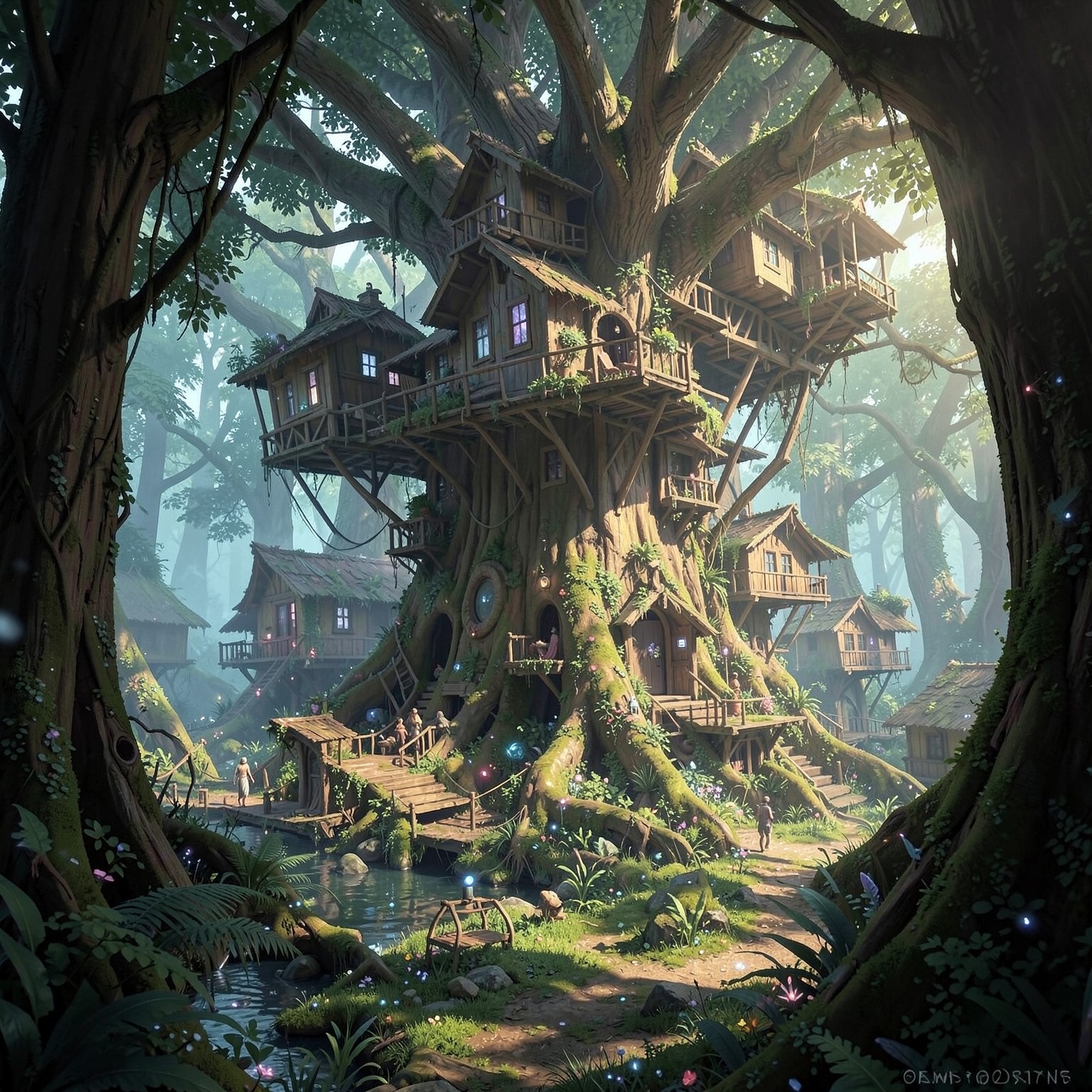 giant tree house village inside magical forest