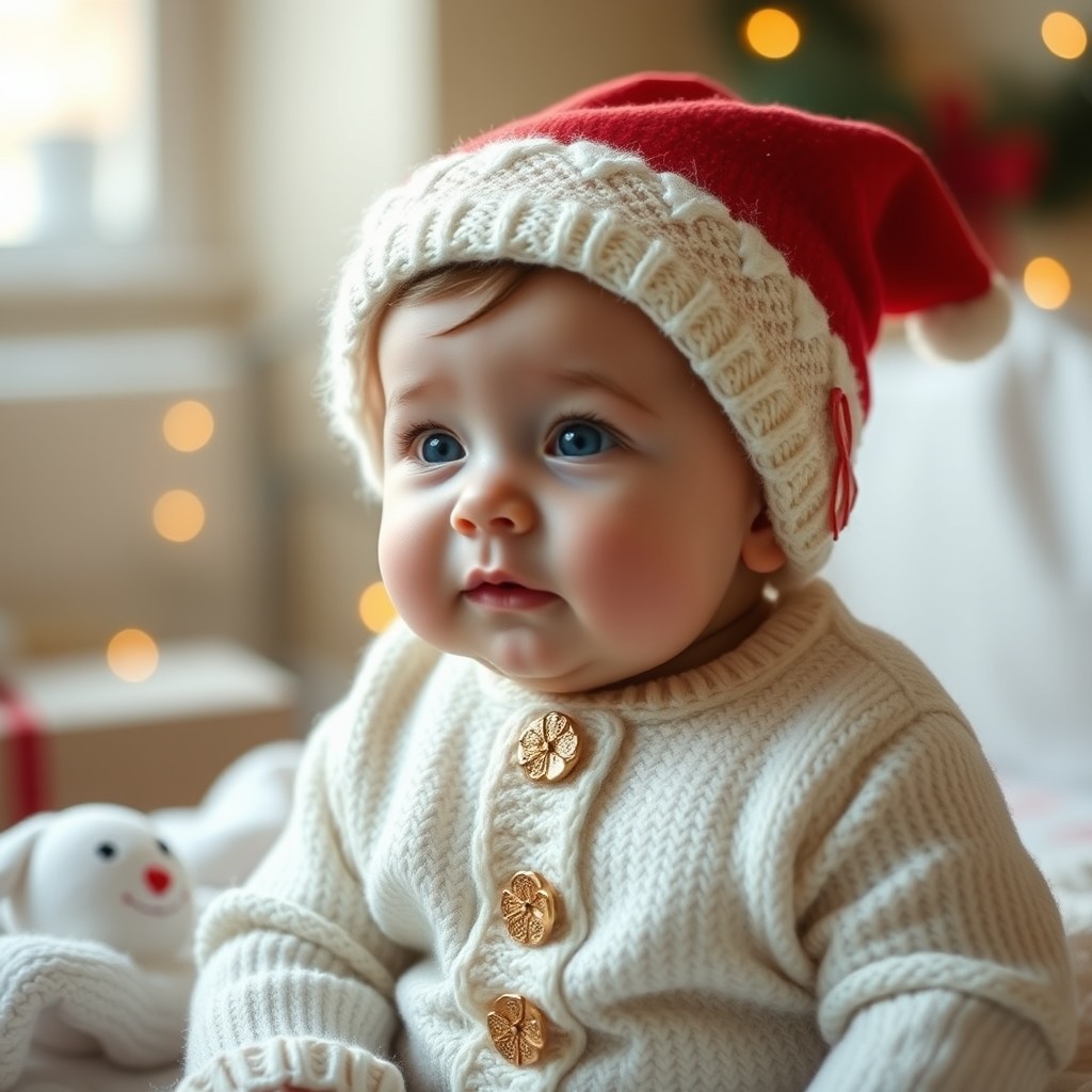 cute baby in christmas outfit, soft light, photorealistic