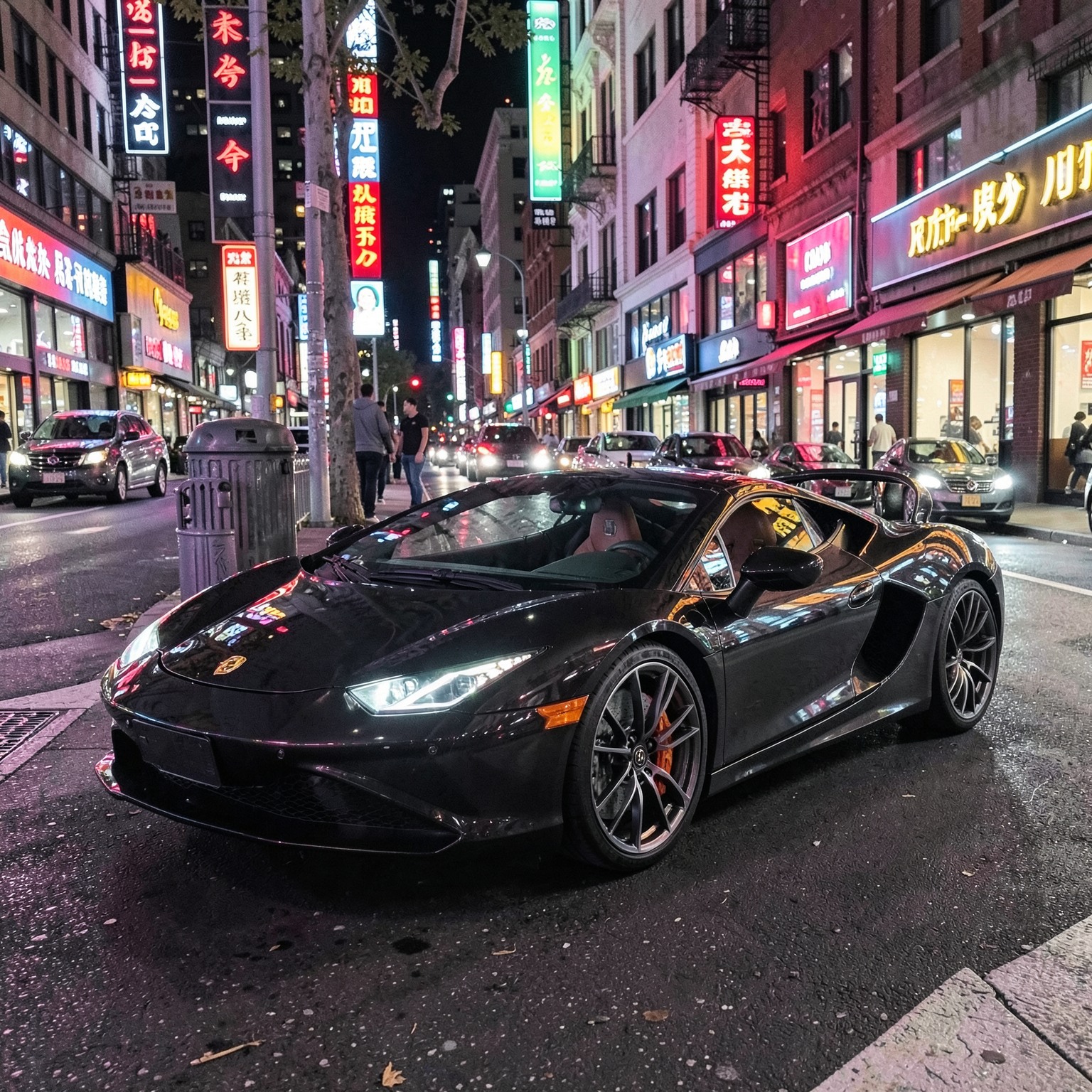 luxury sports car parked beside neon city street
