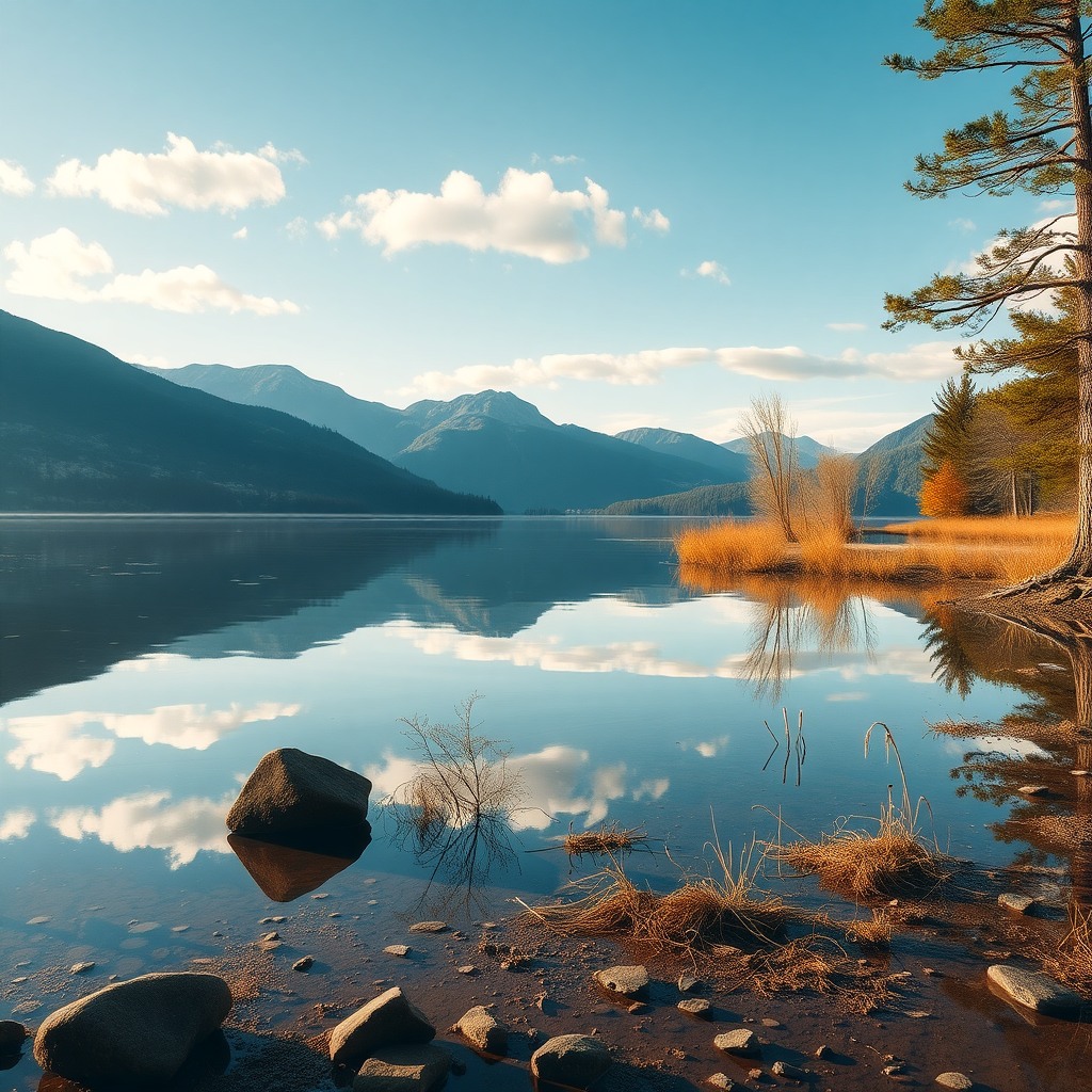Photo-realistic editorial photography, realistic scene representing lake reflections