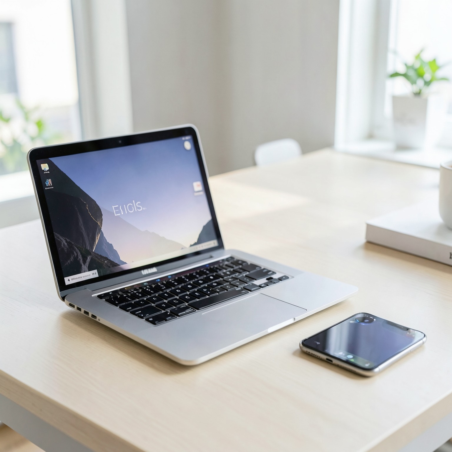 Ultra realistic photo, modern workspace with laptop and smartphone, soft daylight, clean composition, product photography style