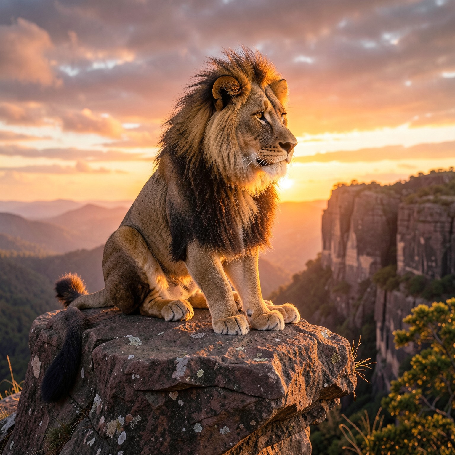 realistic lion king sitting on rocky cliff during sunrise