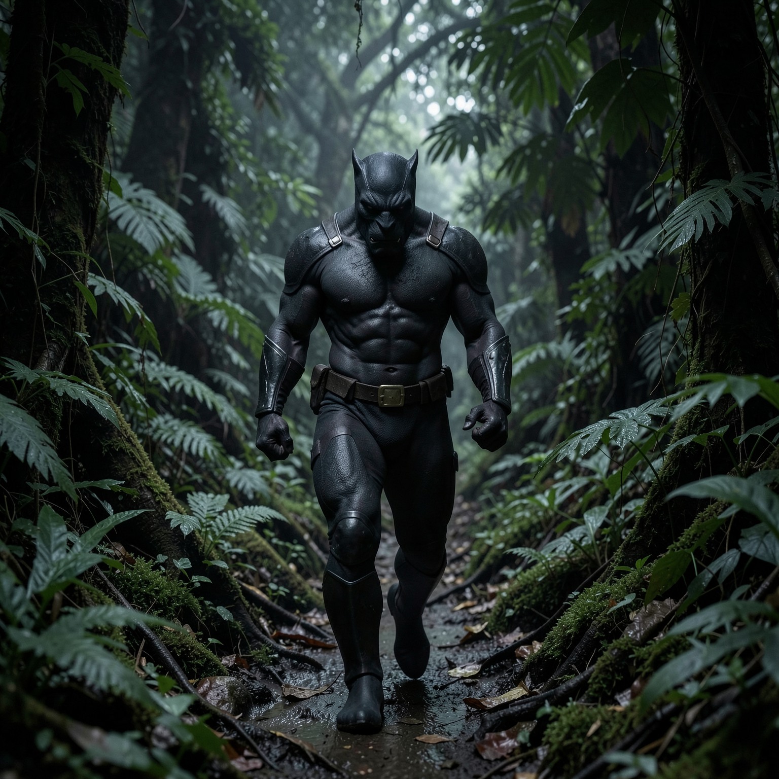 realistic black panther walking through dark jungle