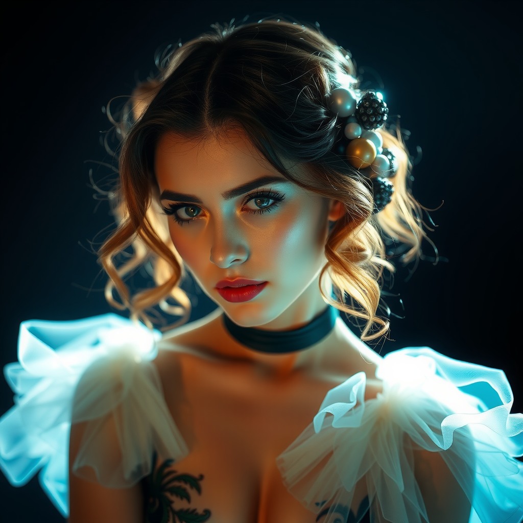 woman, high fashion editorial, cinematic lighting, haunting beauty