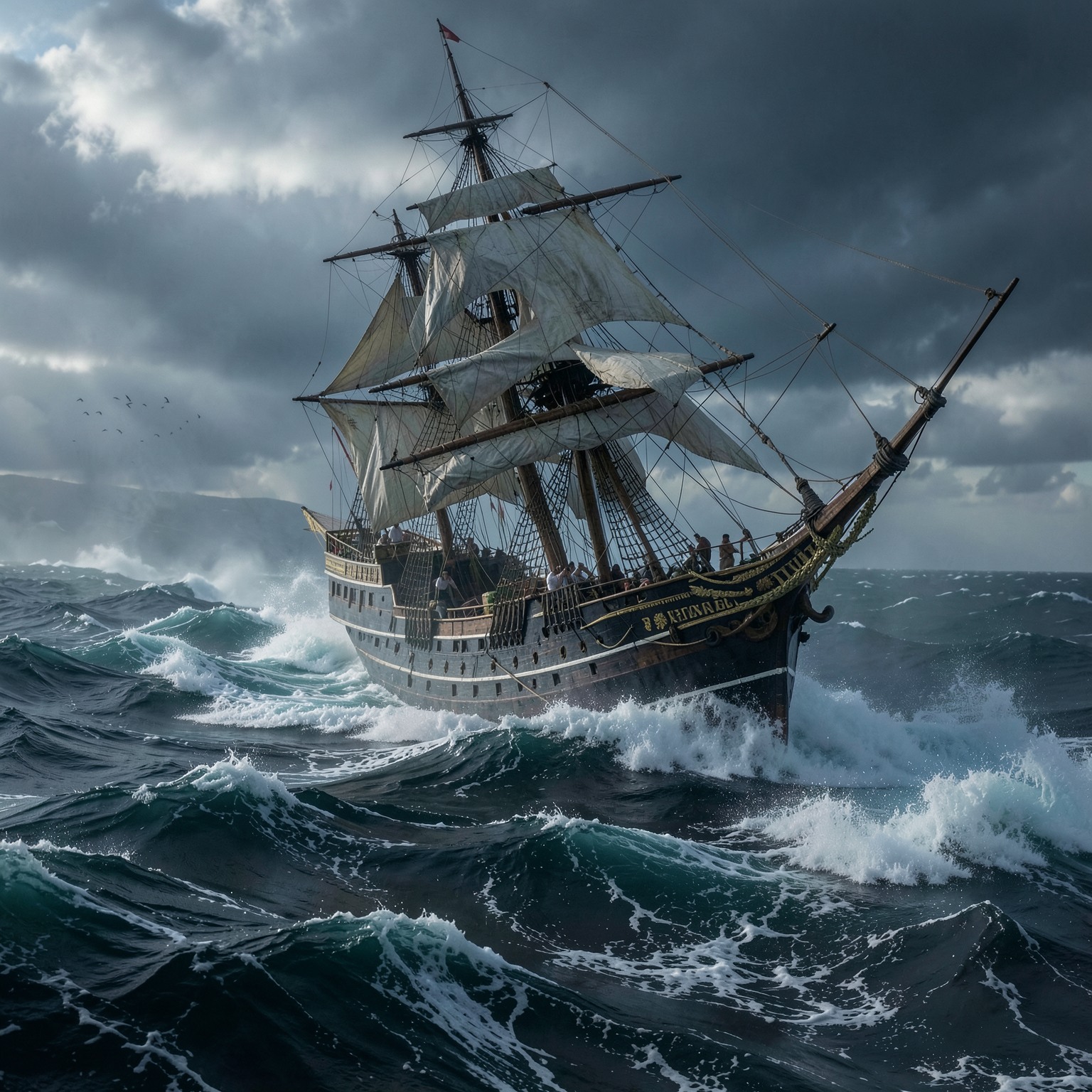 realistic pirate ship in giant storm waves, cinematic ocean scene