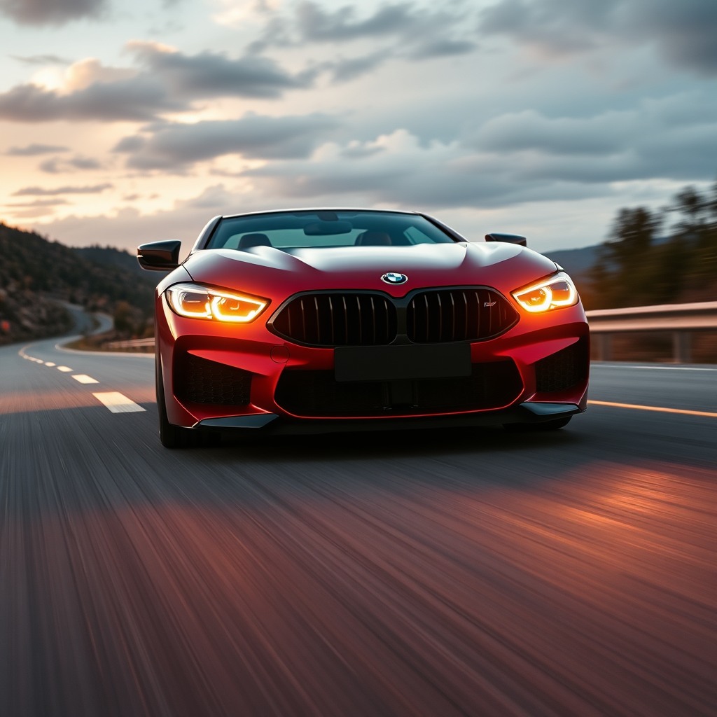bmw car m8  on the road, photorealistic cinematic, wide angle, 24mm wide lens