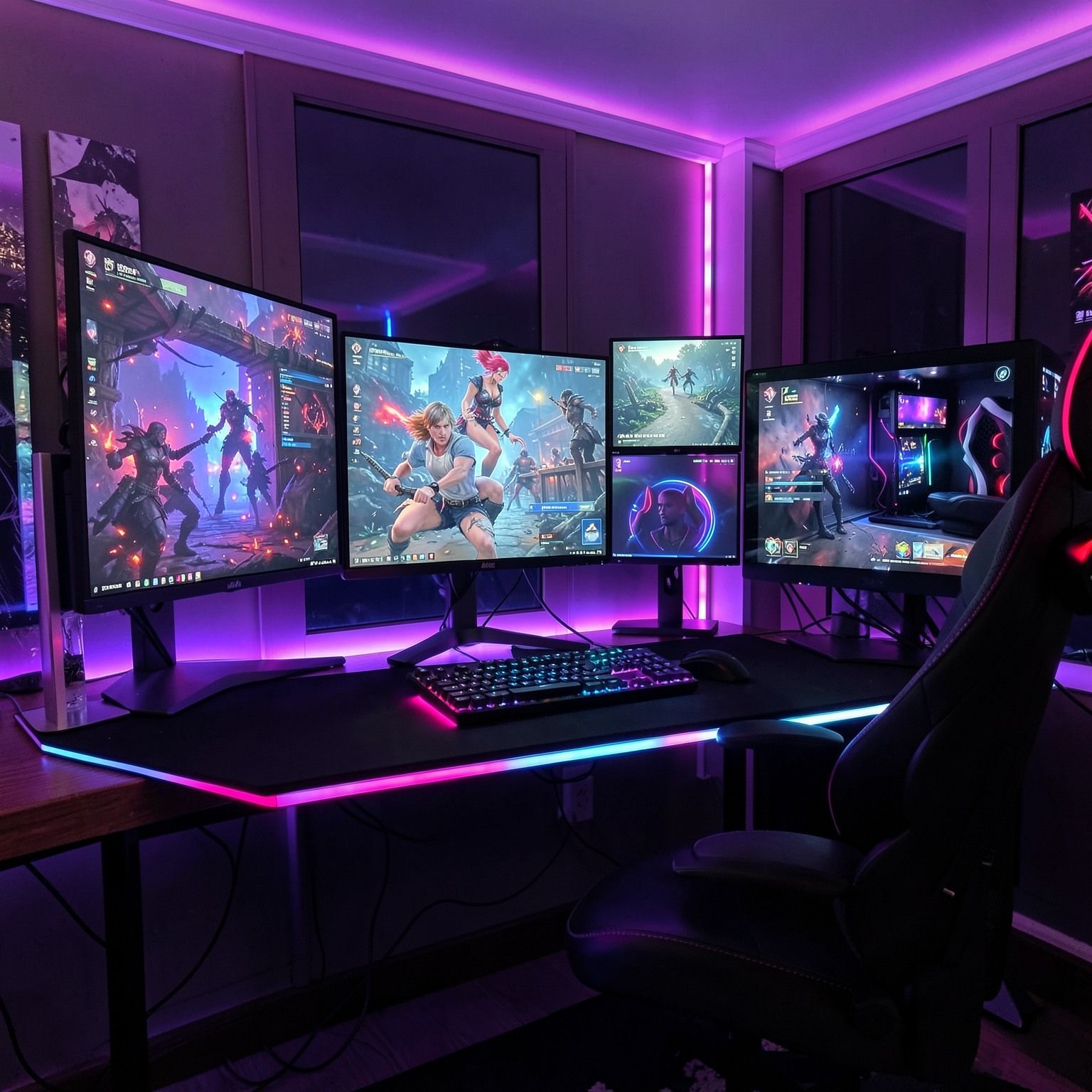 luxury gaming setup with triple monitors and RGB lighting
