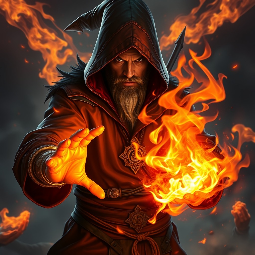 fantasy mage casting fire spell, glowing hands, dynamic action, ultra detailed