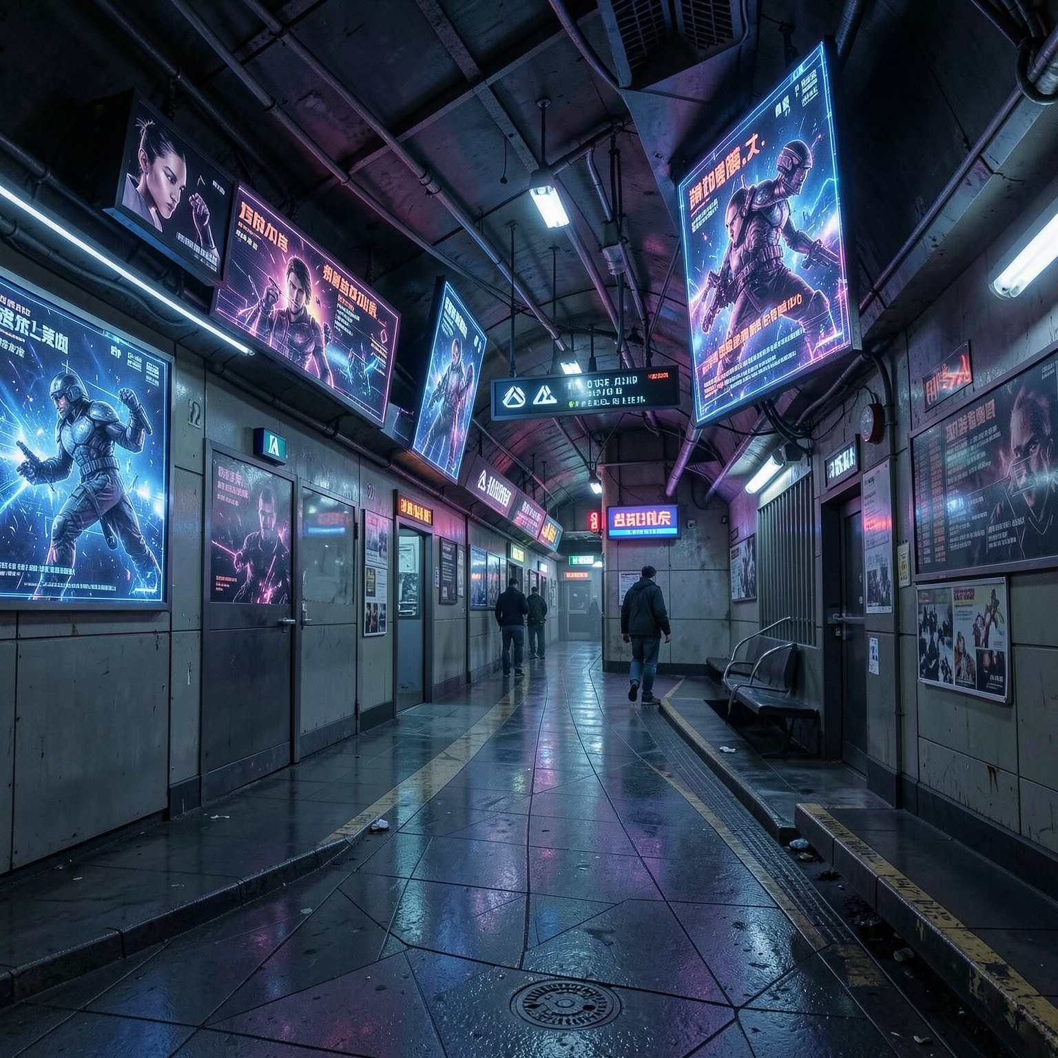 cyberpunk subway station with holographic ads