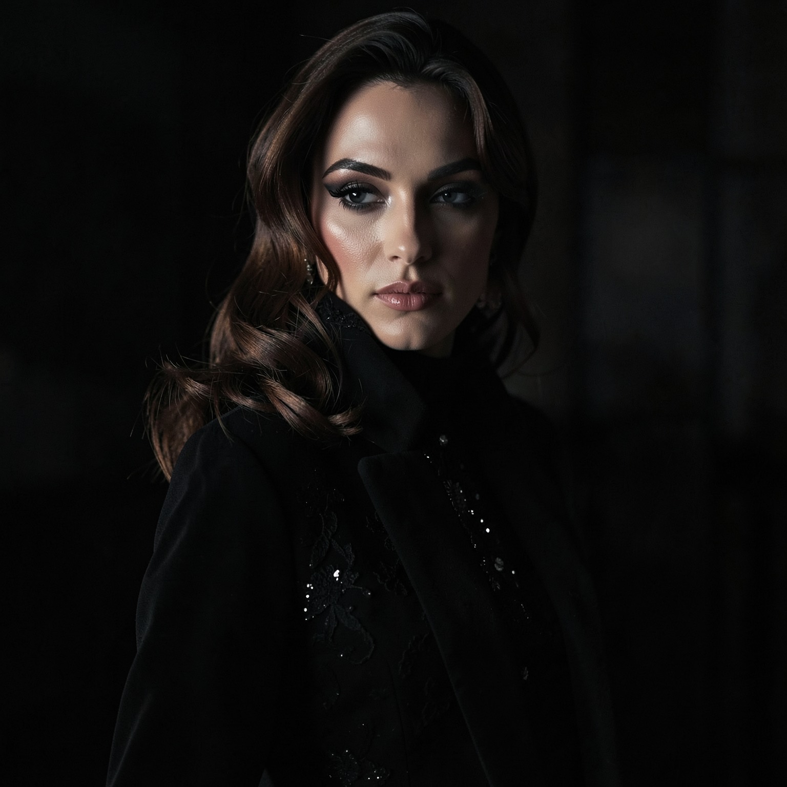 woman, high fashion editorial, cinematic lighting, mysterious