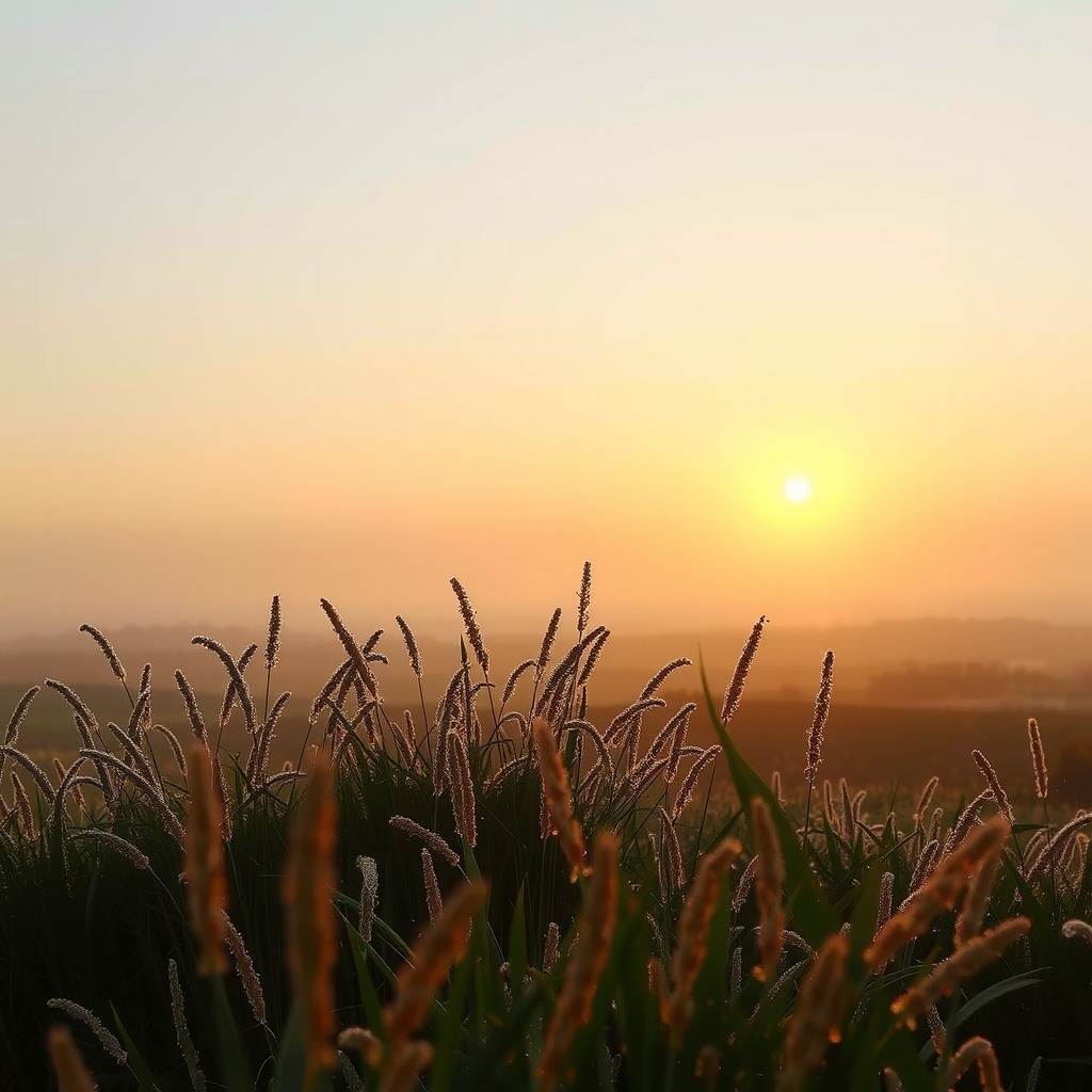 Photo-realistic sunrise over a foggy meadow, tall grass covered in dew, warm natural tones