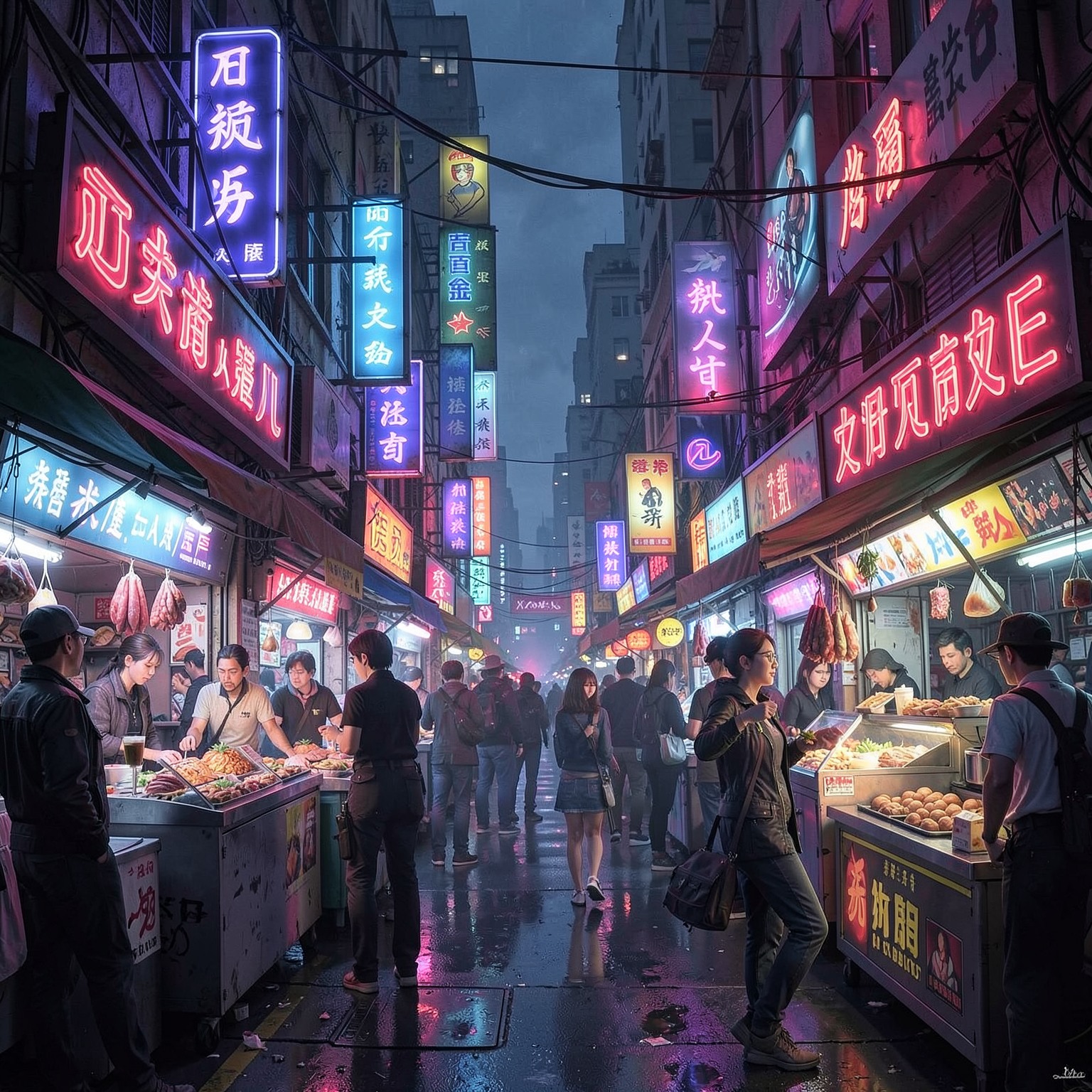 cyberpunk street food market full of neon signs