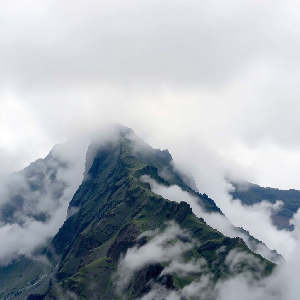 Photo-realistic mountain ridge covered in low clouds, moody atmosphere, sharp geological detail