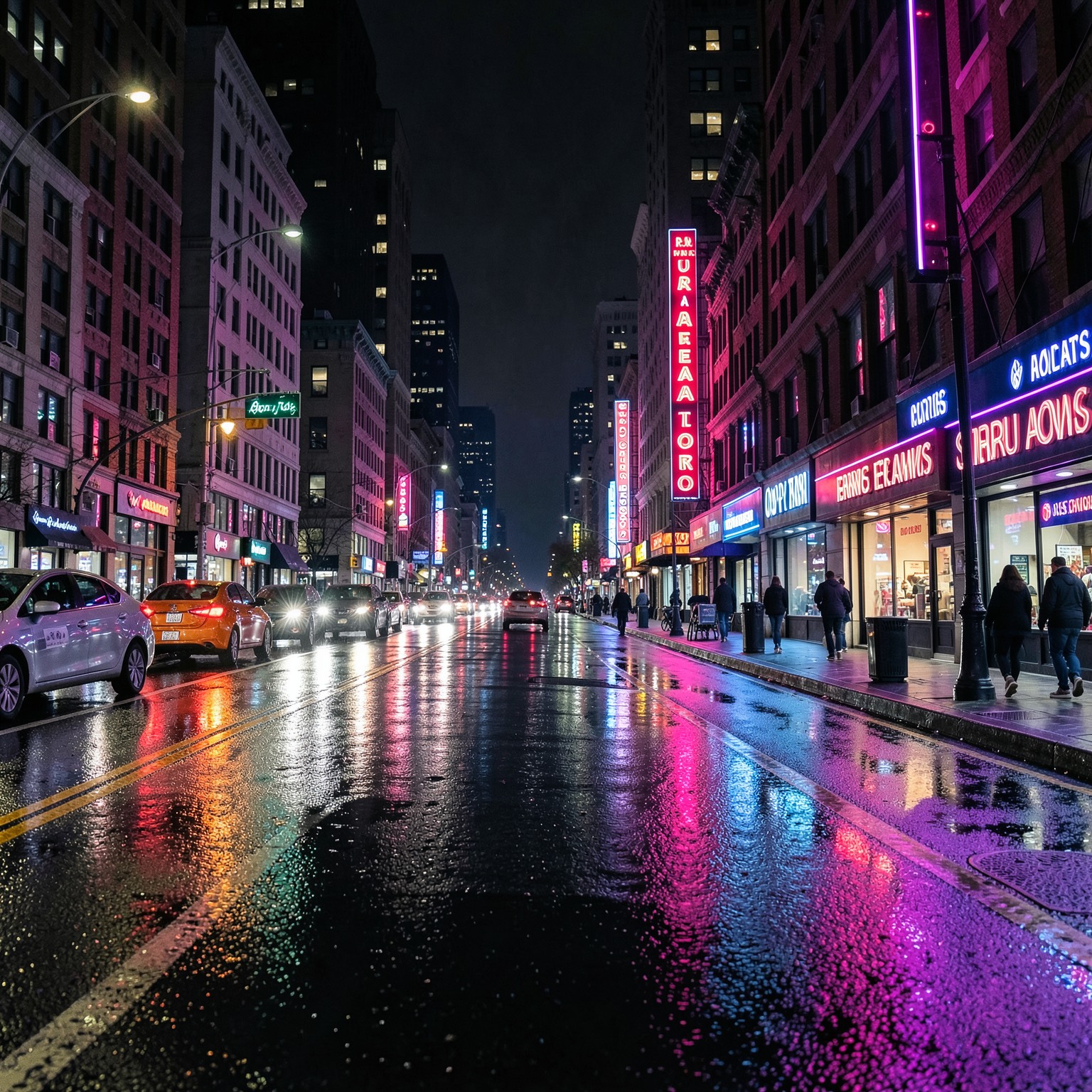 Photorealistic cityscape at night, wet streets, neon lights, reflections, cinematic atmosphere, DSLR quality