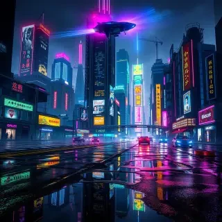 A cyberpunk cityscape at night, featuring neon-lit skyscrapers and bustling streets, with futuristic vehicles hovering above, reflecting vibrant colors in puddles on the ground.
