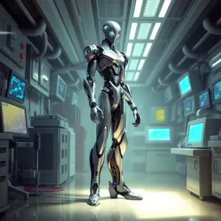A 3D character design of a sleek, futuristic robot with intricate details and glowing accents, standing in a high-tech lab filled with advanced gadgets and screens. The lighting highlights the robot's polished surfaces and the dynamic angles of the lab equipment.