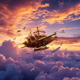 A whimsical steampunk airship soaring through a sunset sky filled with vibrant clouds, its gears and brass elements polished to perfection. The ship is surrounded by colorful birds, adding a sense of adventure and freedom to the scene.