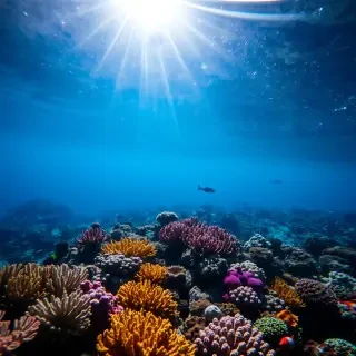 A serene underwater scene showcasing a colorful coral reef teeming with diverse marine life, illuminated by rays of sunlight filtering through crystal clear waters.