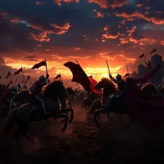 An epic battle scene between knights on horseback in a medieval setting, with a dramatic sunset sky, capturing the intensity and valor of the moment.