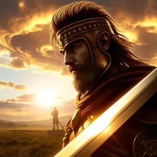 A photorealistic portrait of an ancient warrior standing on a battlefield at sunset, detailed armor glistening in the golden light, with a dramatic sky filled with swirling clouds.