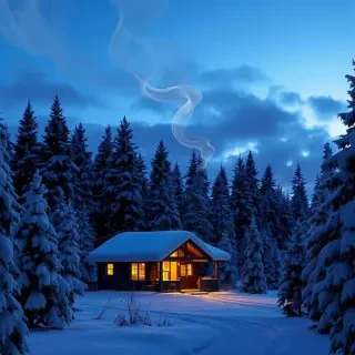 A serene winter scene depicting a cozy cabin nestled among snow-covered pines, with smoke curling from the chimney under a twilight sky. Warm light spills from the windows, inviting viewers into a world of comfort.