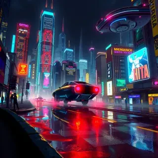 A cyberpunk cityscape at night, featuring neon-lit skyscrapers and bustling streets, with futuristic vehicles hovering above, reflecting vibrant colors in puddles on the ground.