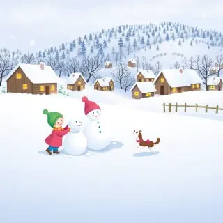 A whimsical winter scene with children building a snowman and a playful dog in a picturesque snow-covered village, soft snowflakes falling gently from the sky.