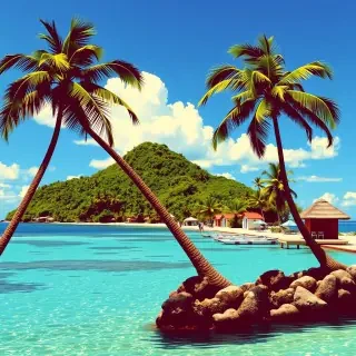 A vintage travel poster-style illustration of an idyllic tropical island, with palm trees, crystal-clear waters, and colorful beach huts under a bright blue sky.