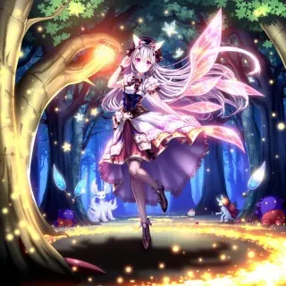 An anime-style digital art piece showcasing a magical girl in an enchanted forest, surrounded by shimmering fairy lights and mythical creatures. The character is posed dramatically, with flowing hair and an intricate costume that reflects the colors of the forest.