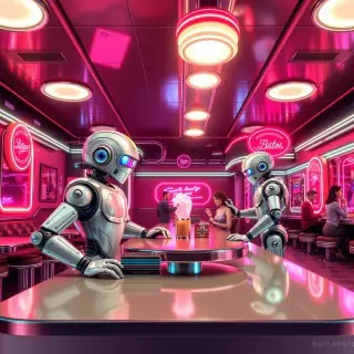 A retro futuristic diner scene inspired by 1950s aesthetics, featuring robots serving customers and vibrant neon lights, conveying a sense of nostalgia and innovation.