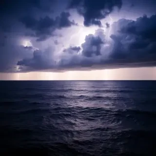 A dramatic lightning storm over a calm ocean, with dark clouds and bright flashes illuminating the waves, creating a sense of power and majesty.