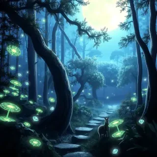 An ethereal forest bathed in moonlight, with bioluminescent plants and mystical creatures peeking through the trees, creating a magical and dreamy atmosphere.