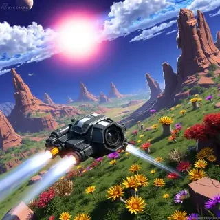 A sci-fi spaceship exploring a distant planet, with a colorful alien landscape, showcasing vibrant flora and fauna, capturing the essence of adventure and exploration.