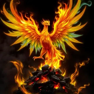 A mystical creature, a majestic phoenix rising from a pile of ashes, its wings ablaze with vibrant colors against a dark, smoky background. The dynamic movement of the flames contrasts with the serene expression of the phoenix.
