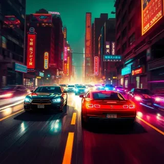 A dramatic high-speed chase scene set in a neon-lit cyberpunk street, with sleek vehicles and dynamic camera angles, showcasing the thrill and intensity of the moment.